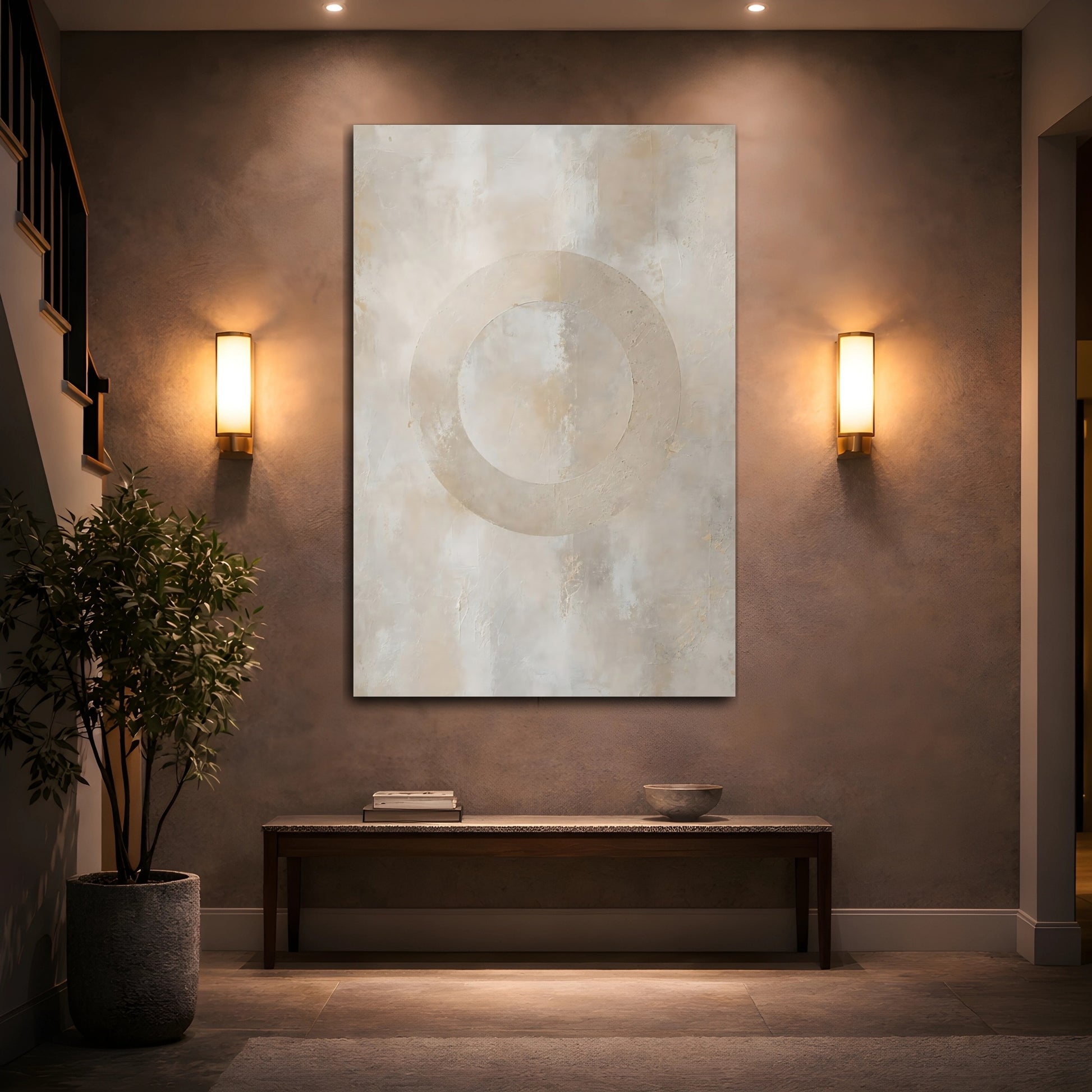 Mockup 2. Abstract Textured Circle Neutral Abstract shown as stretched canvas wall art
