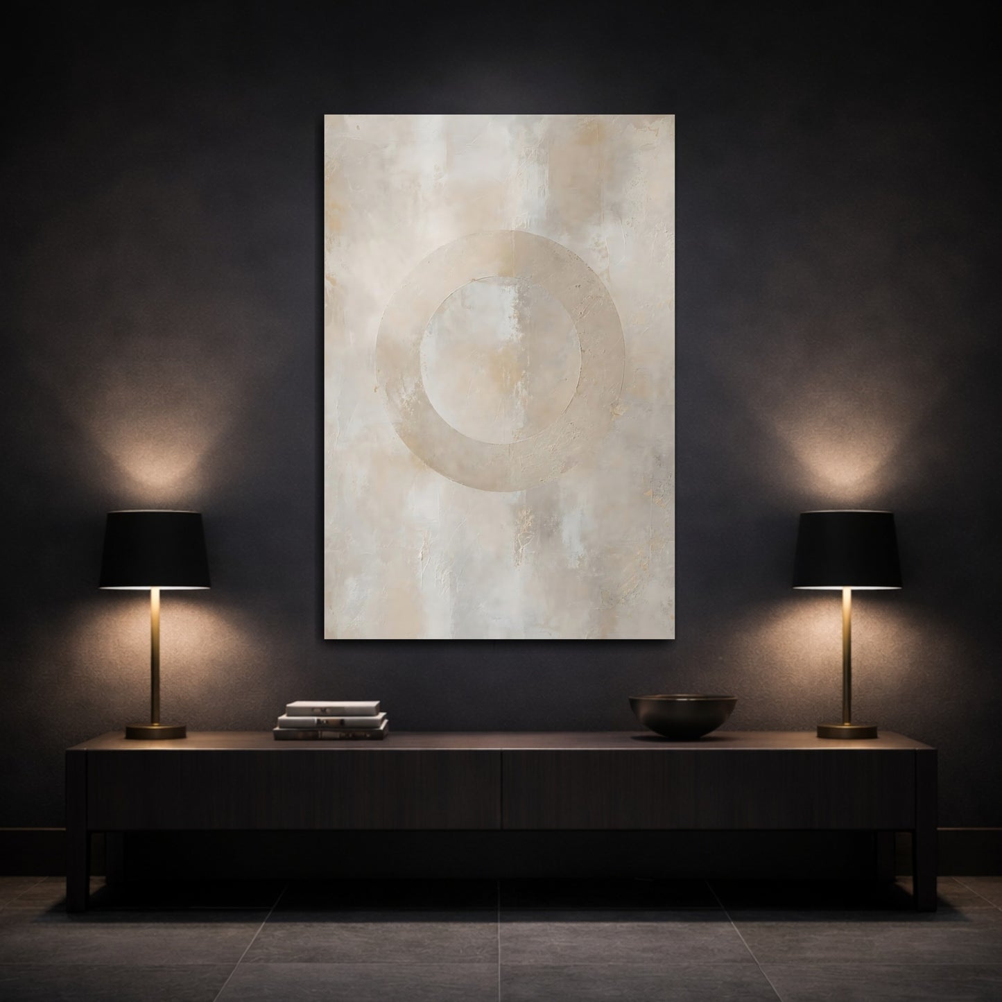 Mockup 3. Abstract Textured Circle Neutral Abstract shown as stretched canvas wall art