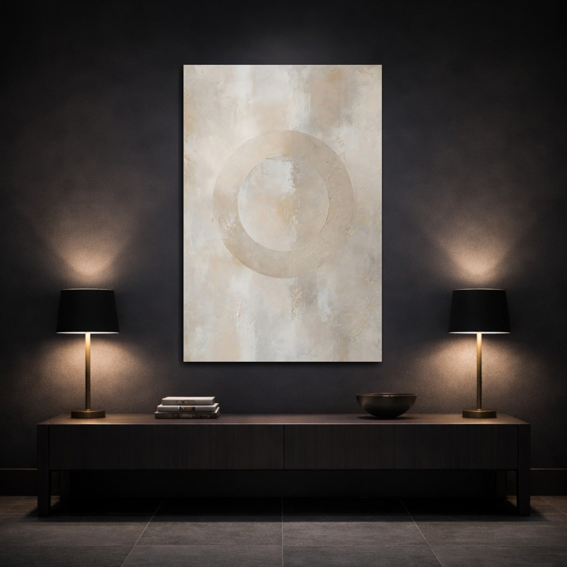 Mockup 3. Abstract Textured Circle Neutral Abstract shown as stretched canvas wall art