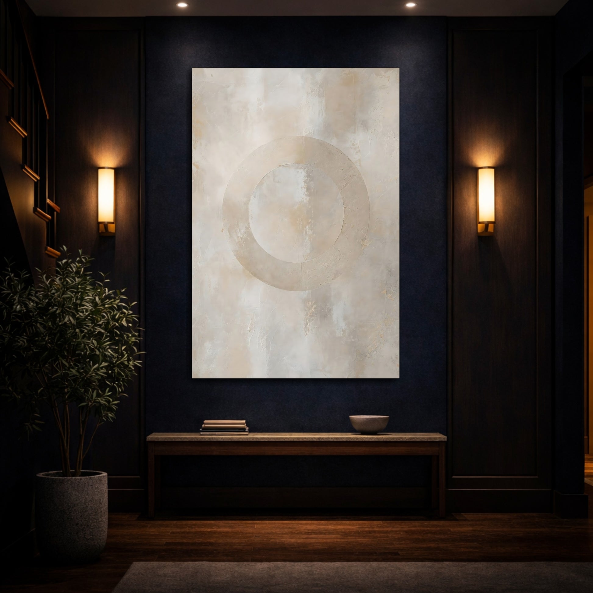Mockup 4. Abstract Textured Circle Neutral Abstract shown as stretched canvas wall art