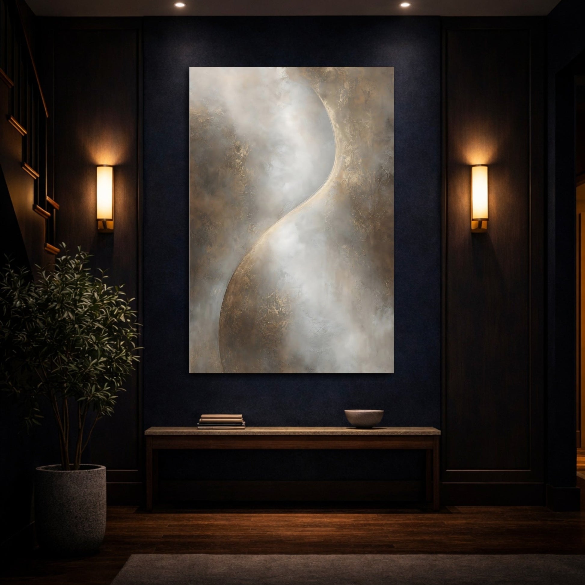 Abstract Textured Curve Brown Gold Canvas Print – Modern Living Room, Above Console Table - YesArtYes