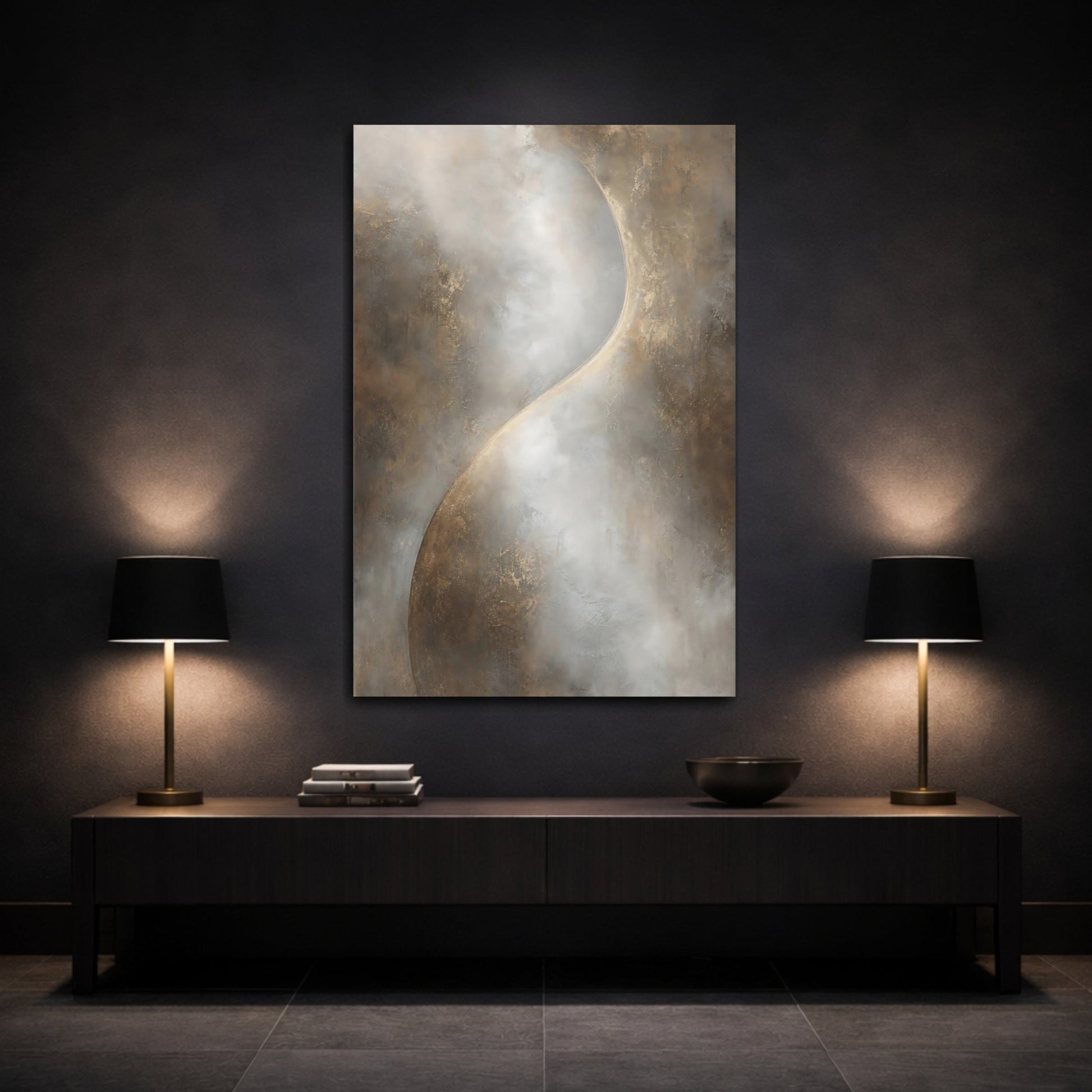 Abstract Textured Curve Brown Gold Canvas Print – Modern Living Room, Above Console Table - YesArtYes