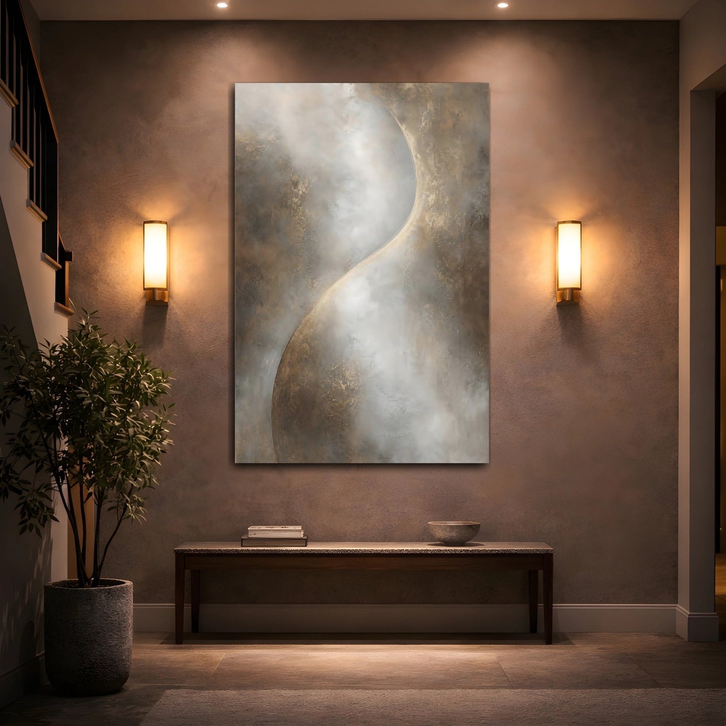 Abstract Textured Curve Brown Gold Canvas Print – Modern Living Room, Above Console Table - YesArtYes