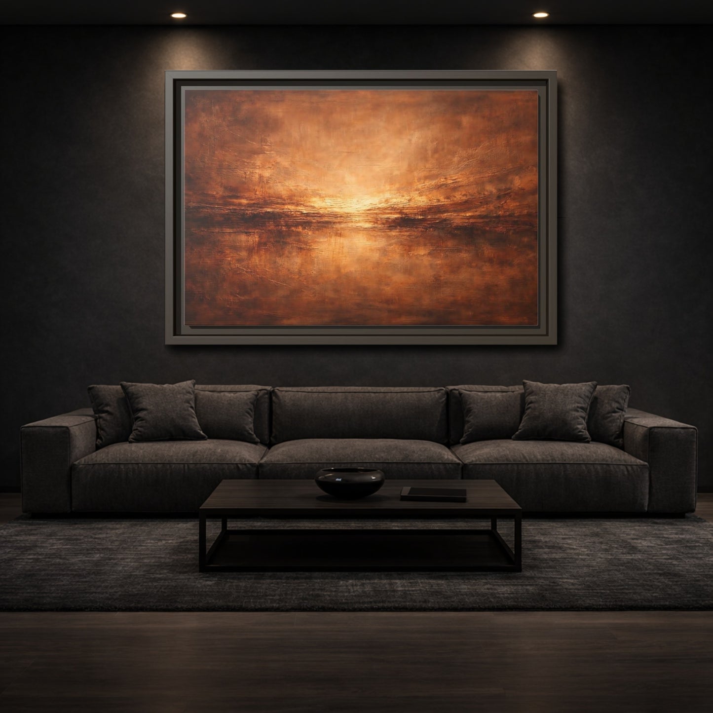 Mockup 2. Abstract Textured Horizon Bronze Abstract shown as stretched canvas wall art