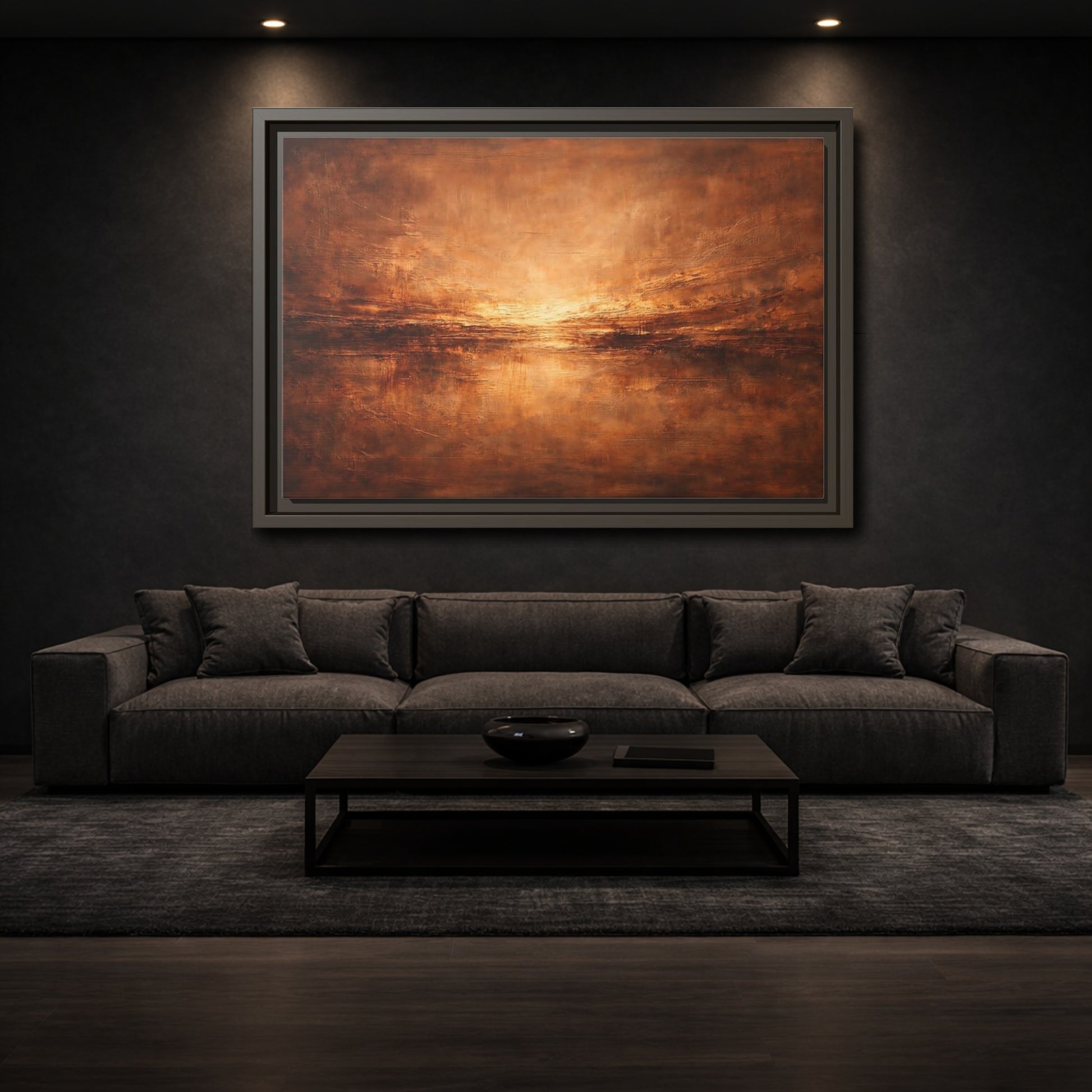 Mockup 2. Abstract Textured Horizon Bronze Abstract shown as stretched canvas wall art
