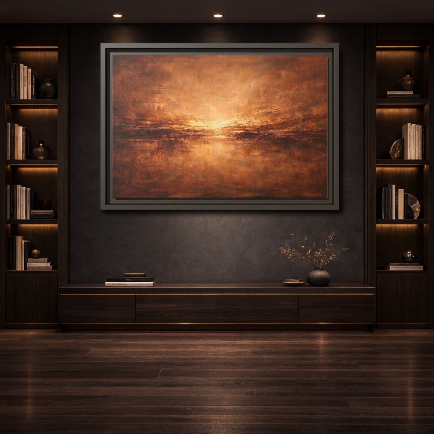 Mockup 3. Abstract Textured Horizon Bronze Abstract shown as stretched canvas wall art