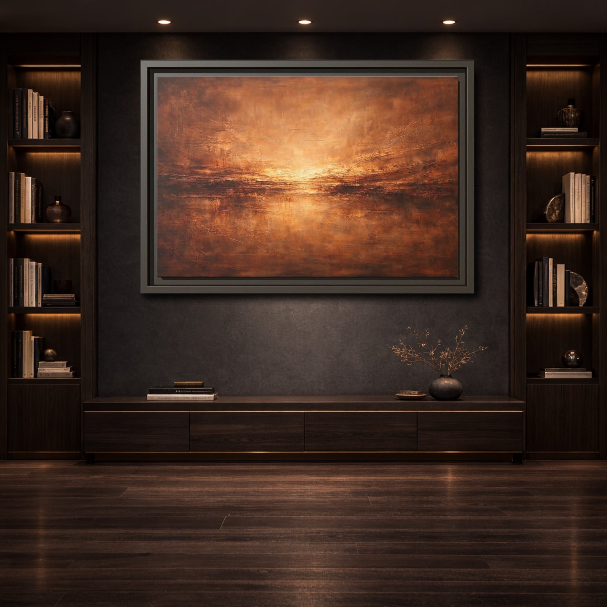 Mockup 3. Abstract Textured Horizon Bronze Abstract shown as stretched canvas wall art