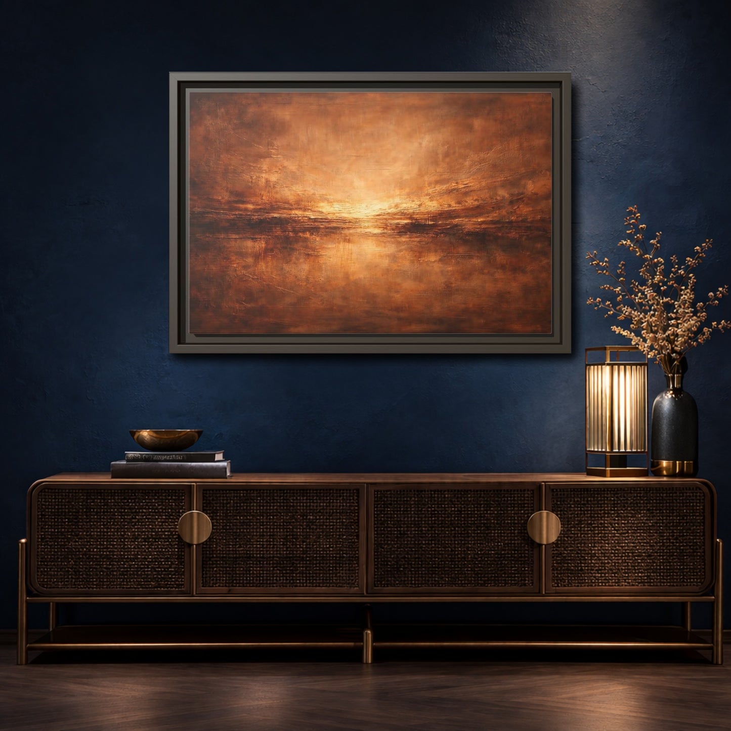 Mockup 4. Abstract Textured Horizon Bronze Abstract shown as stretched canvas wall art