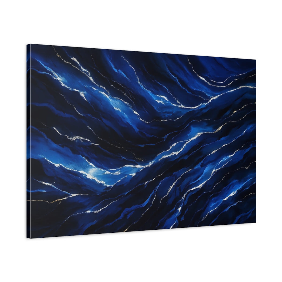 Side Mockup 1. Nature Ocean Waves Deep Blue Waves shown as stretched canvas wall art