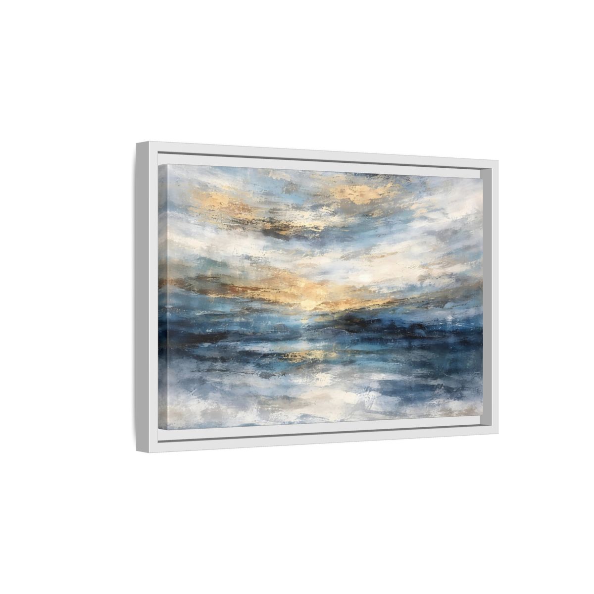 Side Mockup 4. Abstract Abstract Seascape Blue And Gold Abstract shown as stretched canvas wall art