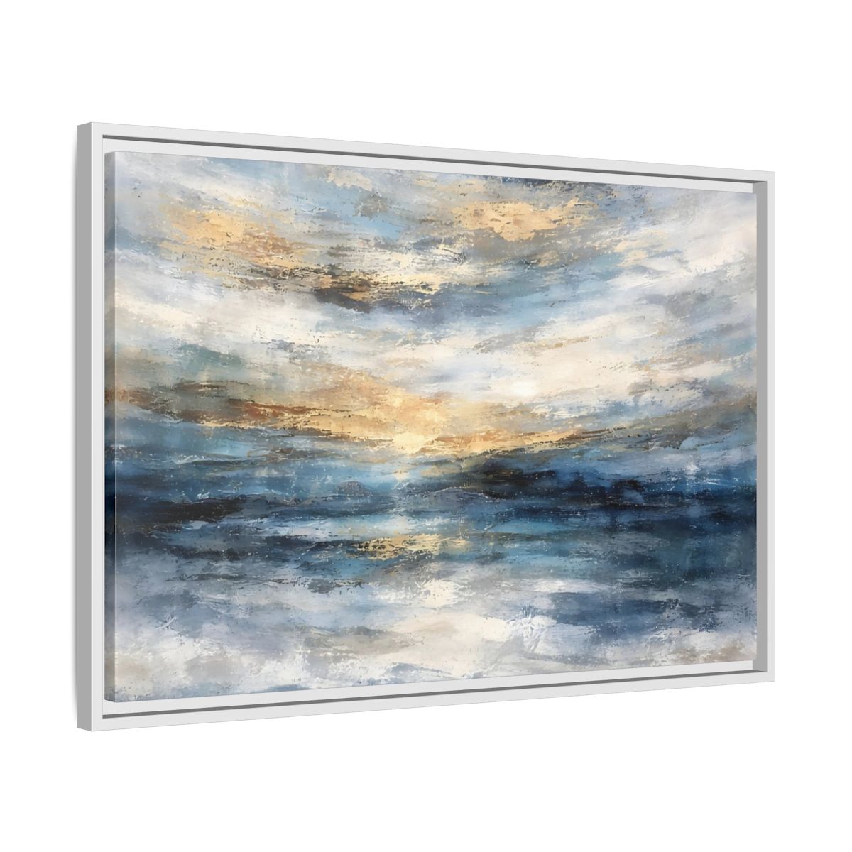 Side Mockup 10. Abstract Abstract Seascape Blue And Gold Abstract shown as stretched canvas wall art