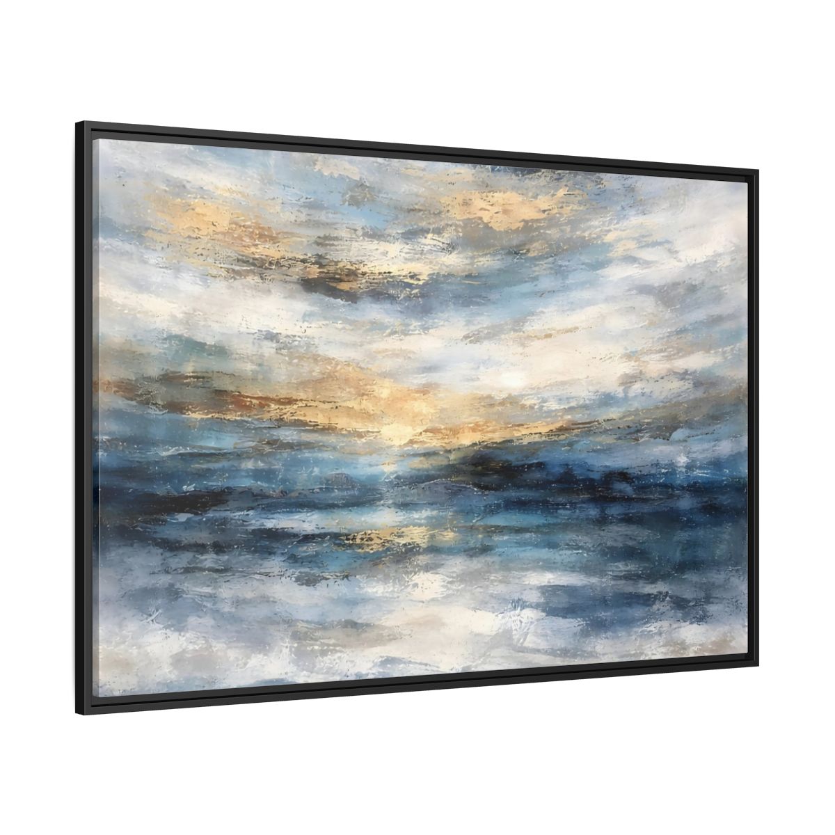 Side Mockup 12. Abstract Abstract Seascape Blue And Gold Abstract shown as stretched canvas wall art