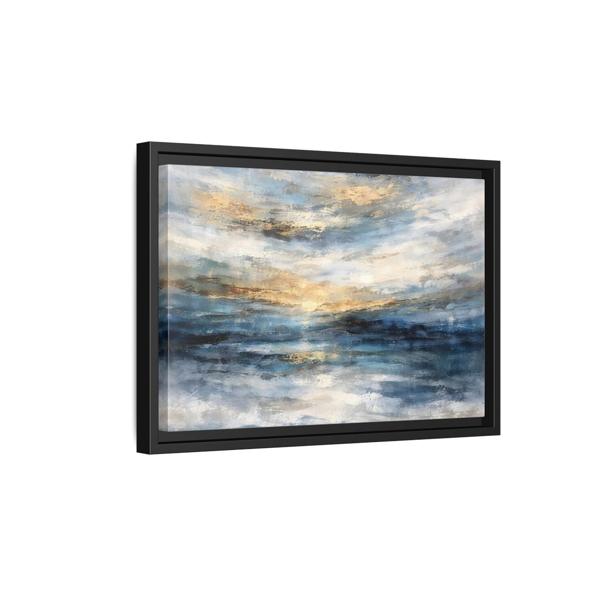 Side Mockup 6. Abstract Abstract Seascape Blue And Gold Abstract shown as stretched canvas wall art
