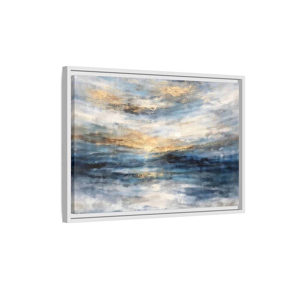 Side Mockup 1. Abstract Abstract Seascape Blue And Gold Abstract shown as stretched canvas wall art
