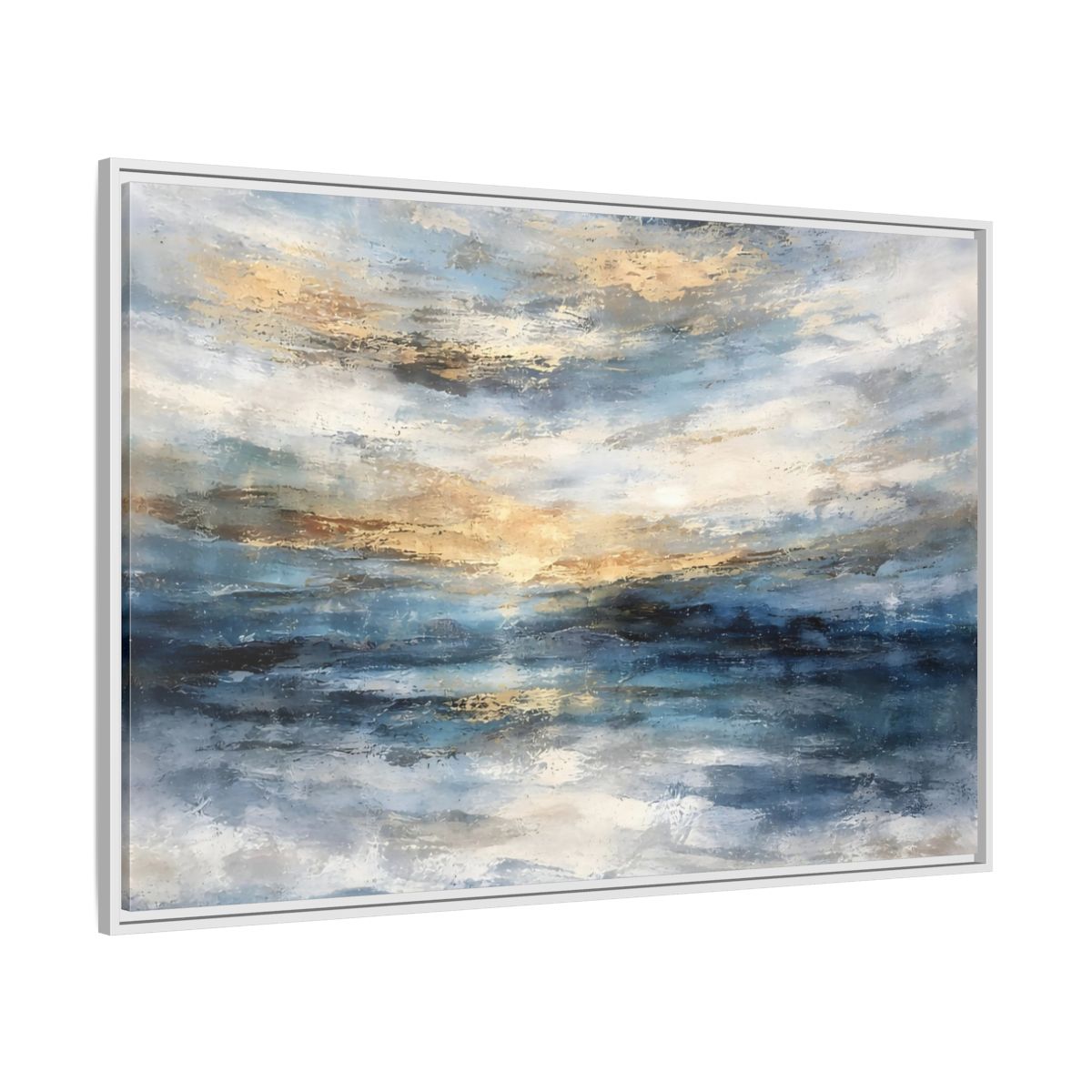 Side Mockup 7. Abstract Abstract Seascape Blue And Gold Abstract shown as stretched canvas wall art