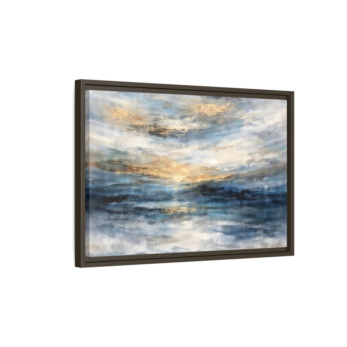 Side Mockup 2. Abstract Abstract Seascape Blue And Gold Abstract shown as stretched canvas wall art