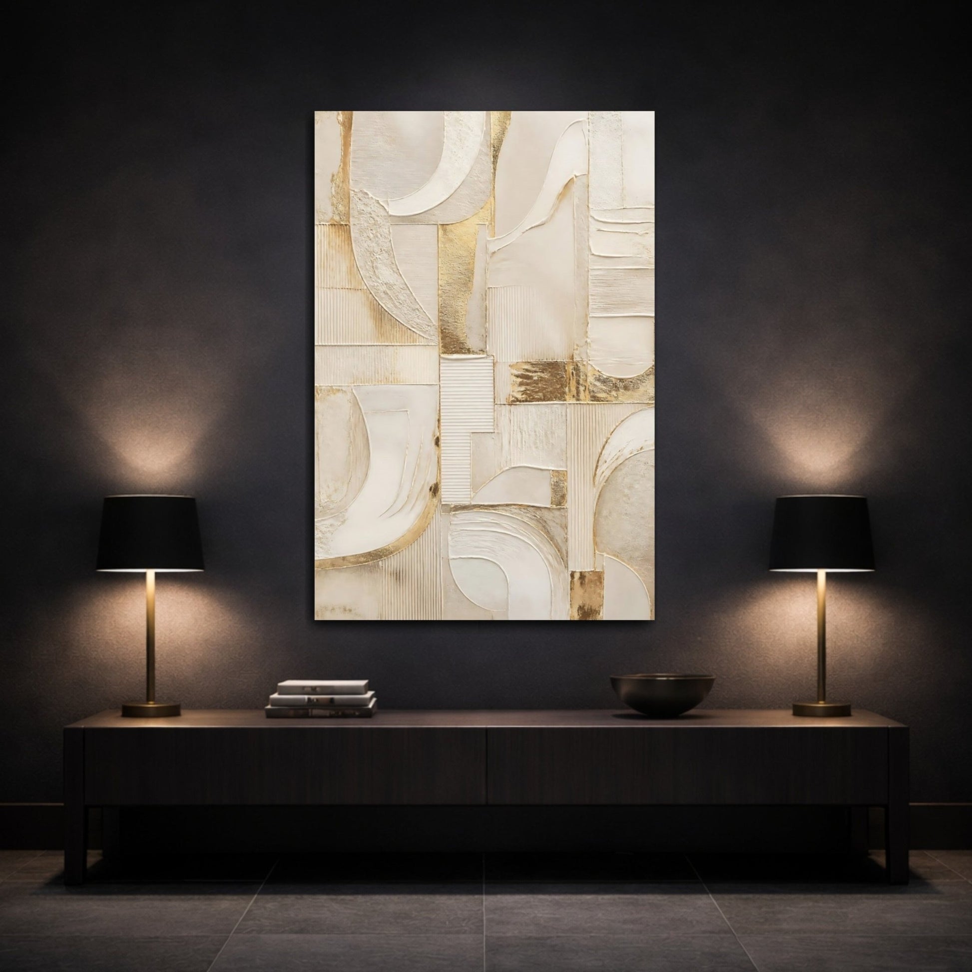 Abstract Textured Shapes Cream And Gold Canvas Wall Art Print – Living Room Decor, Above Couch - YesArtYes