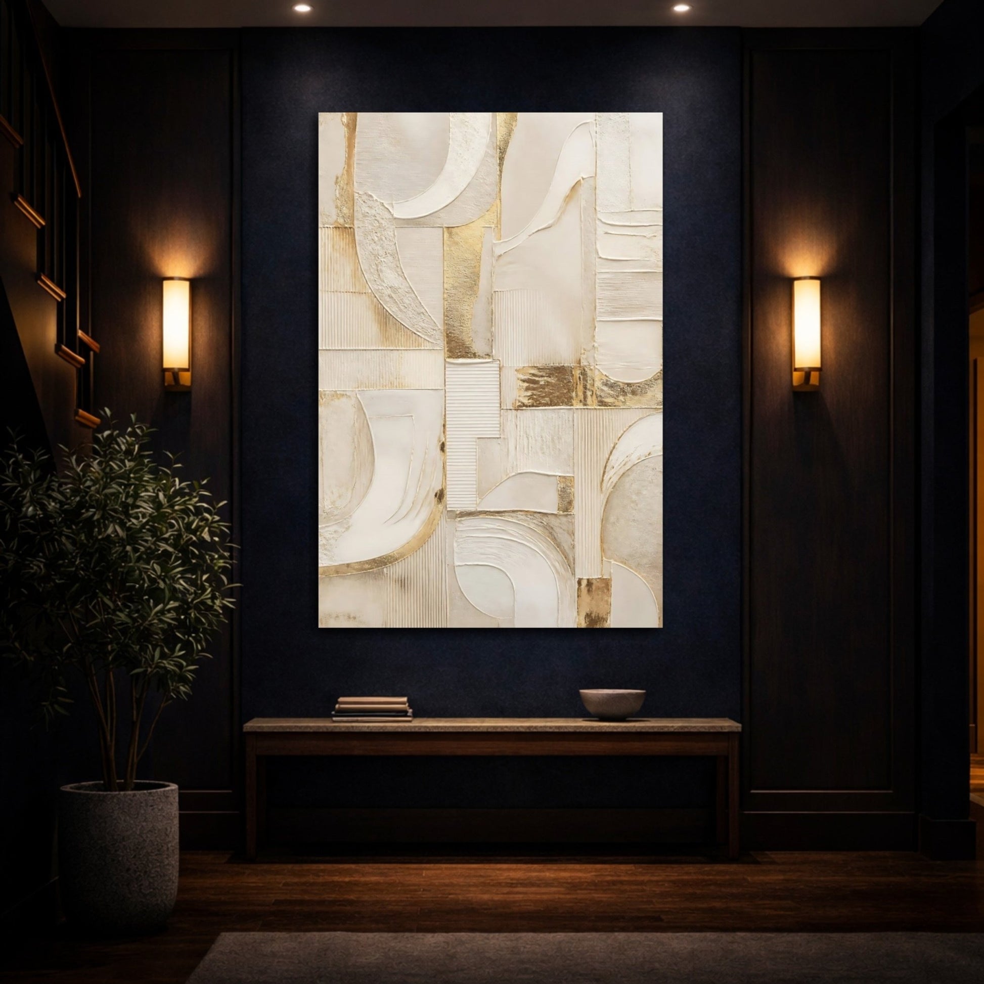 Abstract Textured Shapes Cream And Gold Canvas Wall Art Print – Living Room Decor, Above Couch - YesArtYes