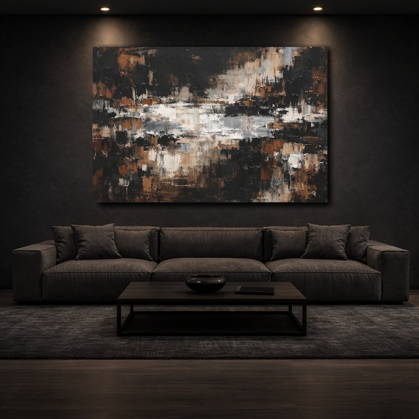 Mockup 2. Abstract Textured Strokes Brown And Black Abstract shown as stretched canvas wall art