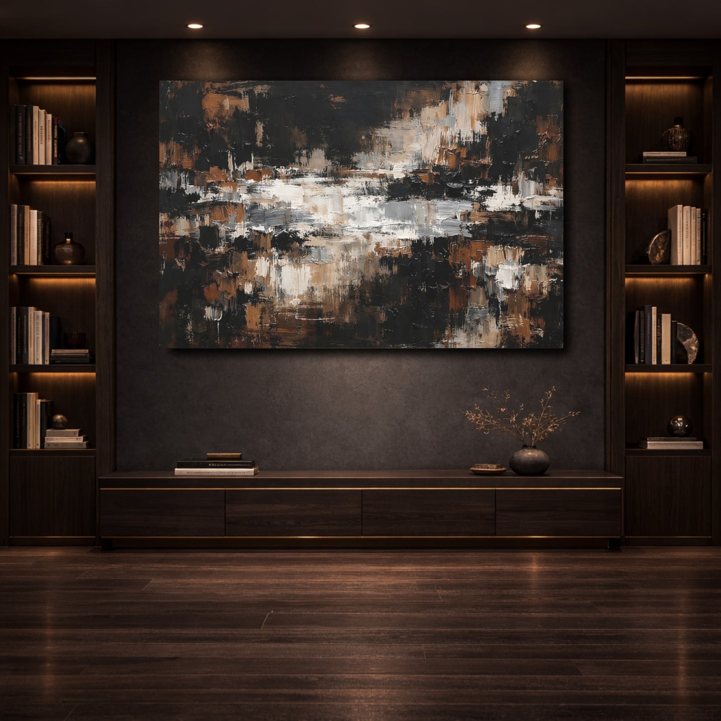 Mockup 3. Abstract Textured Strokes Brown And Black Abstract shown as stretched canvas wall art