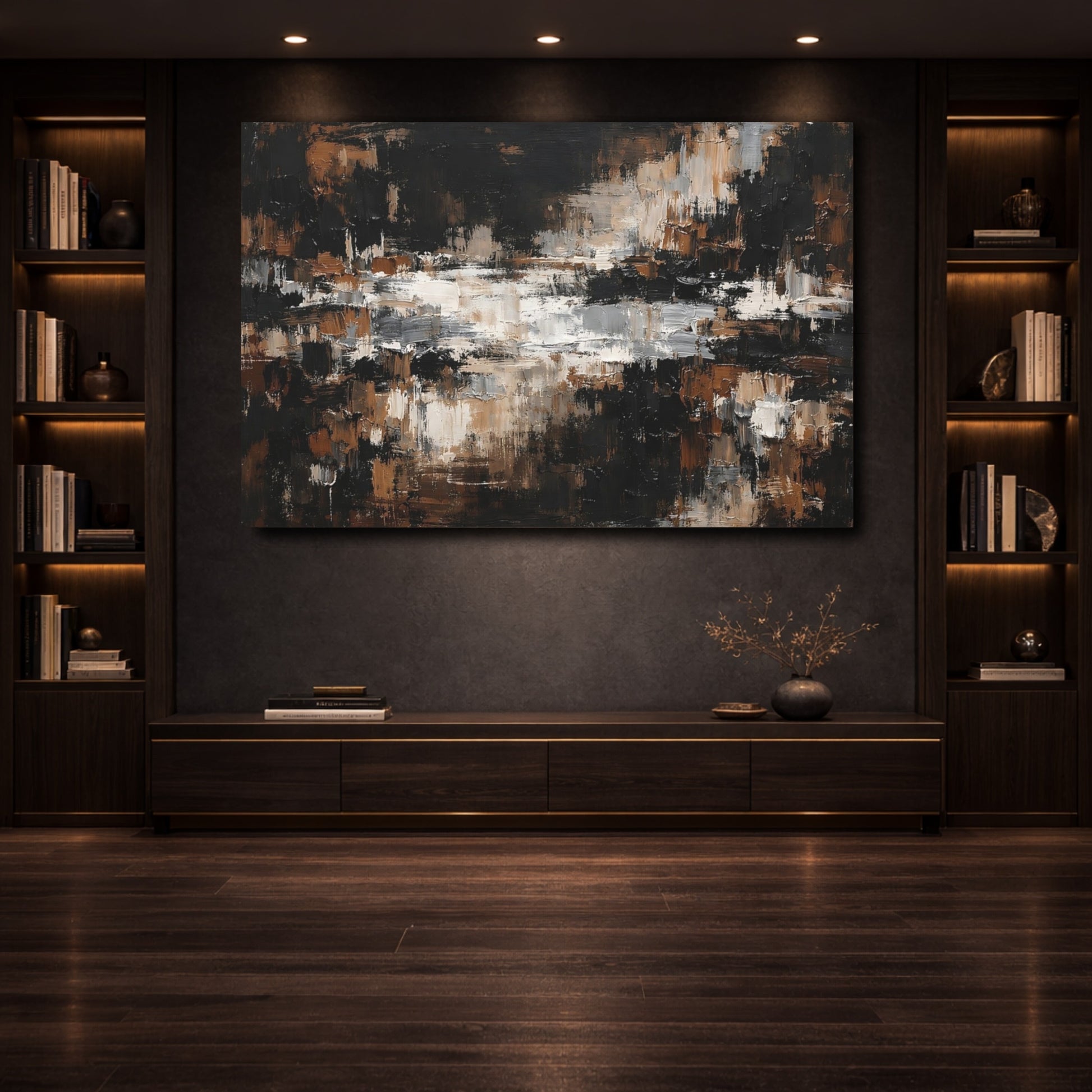 Mockup 3. Abstract Textured Strokes Brown And Black Abstract shown as stretched canvas wall art