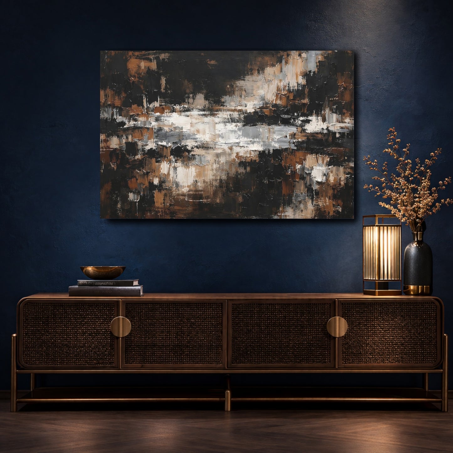 Mockup 4. Abstract Textured Strokes Brown And Black Abstract shown as stretched canvas wall art