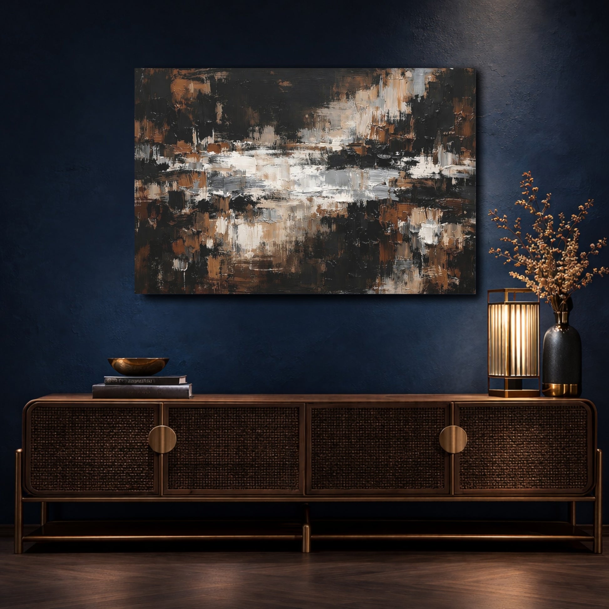 Mockup 4. Abstract Textured Strokes Brown And Black Abstract shown as stretched canvas wall art