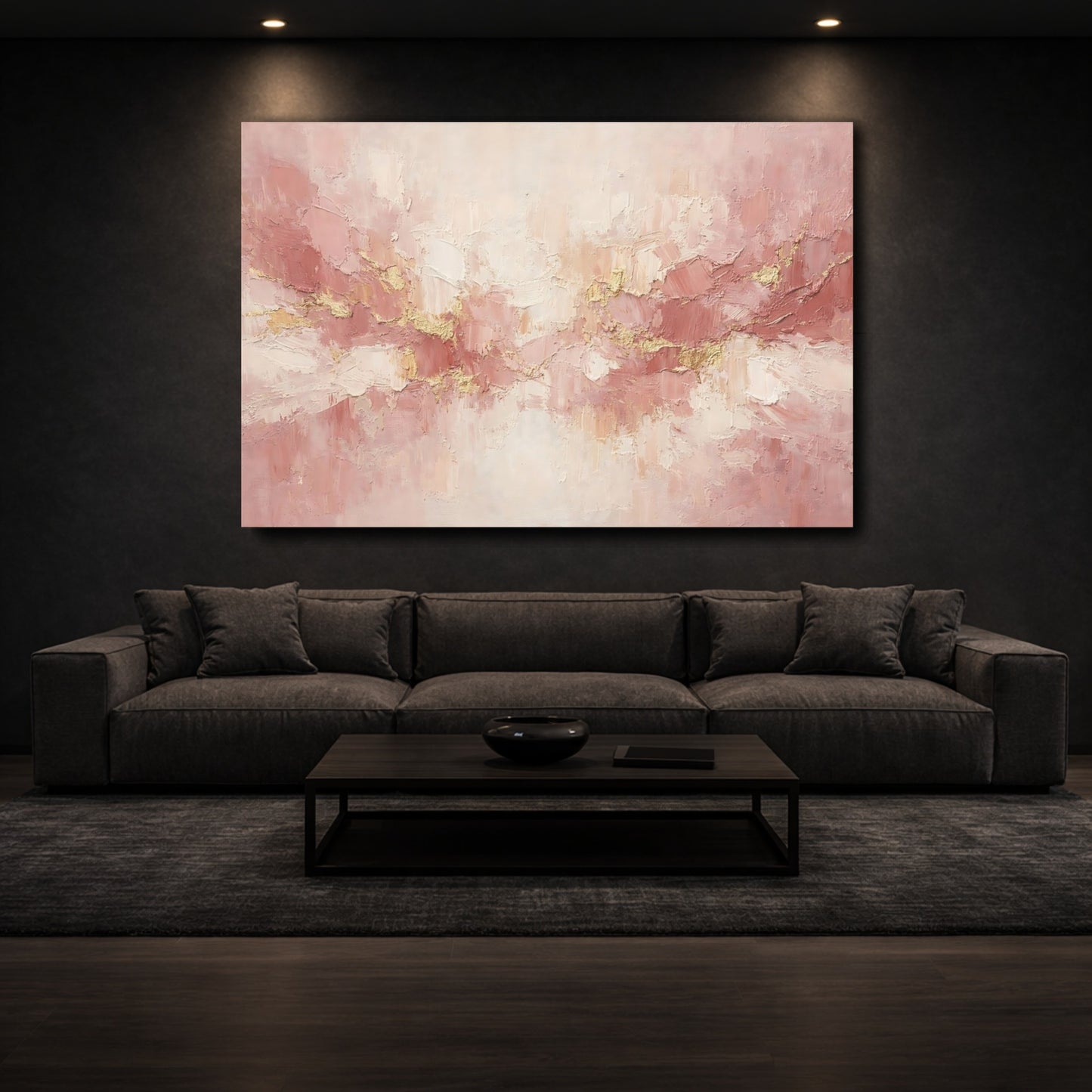 Mockup 2. Abstract Textured Strokes Pink Gold Abstract shown as stretched canvas wall art