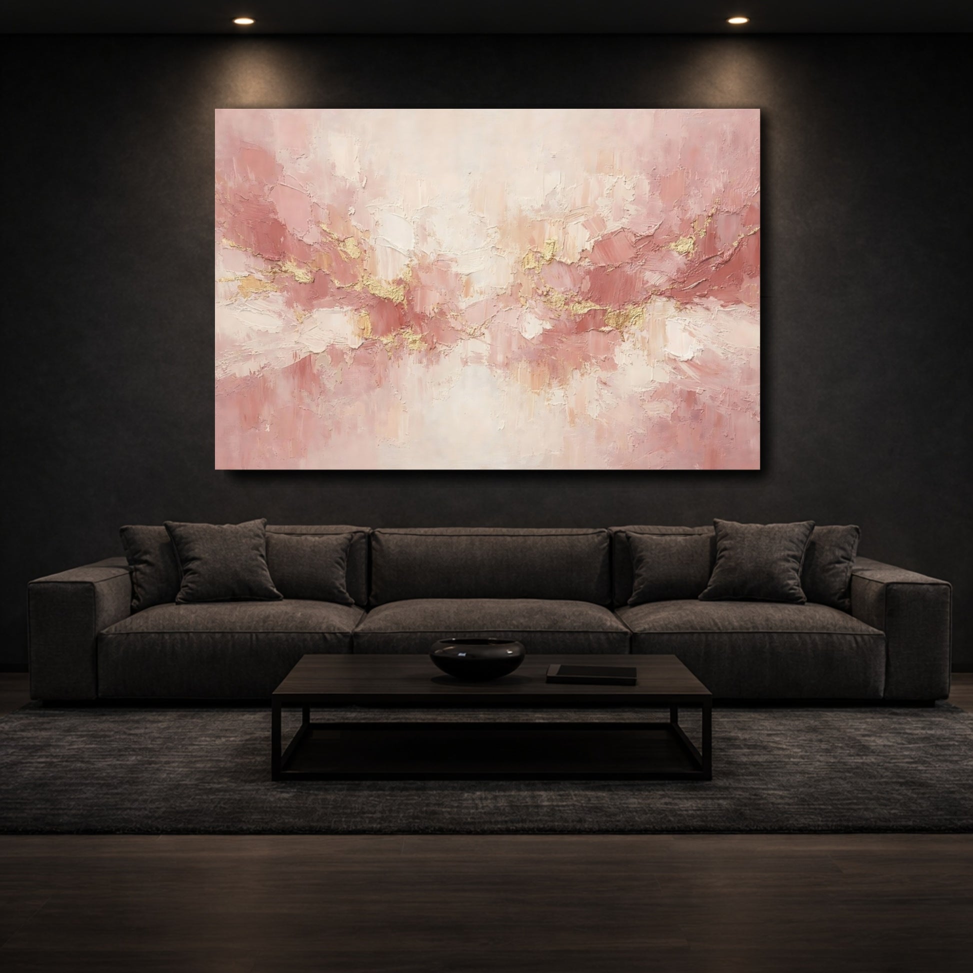Mockup 2. Abstract Textured Strokes Pink Gold Abstract shown as stretched canvas wall art