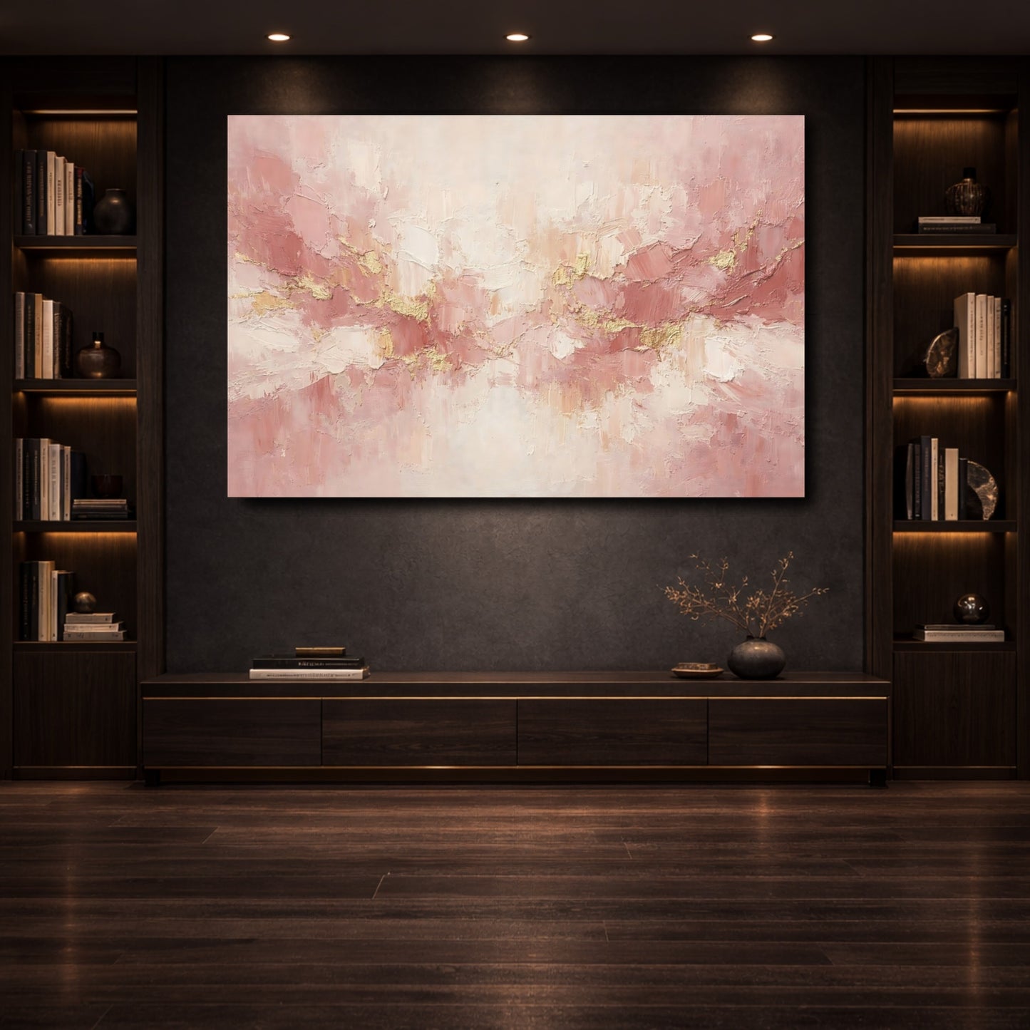 Mockup 3. Abstract Textured Strokes Pink Gold Abstract shown as stretched canvas wall art
