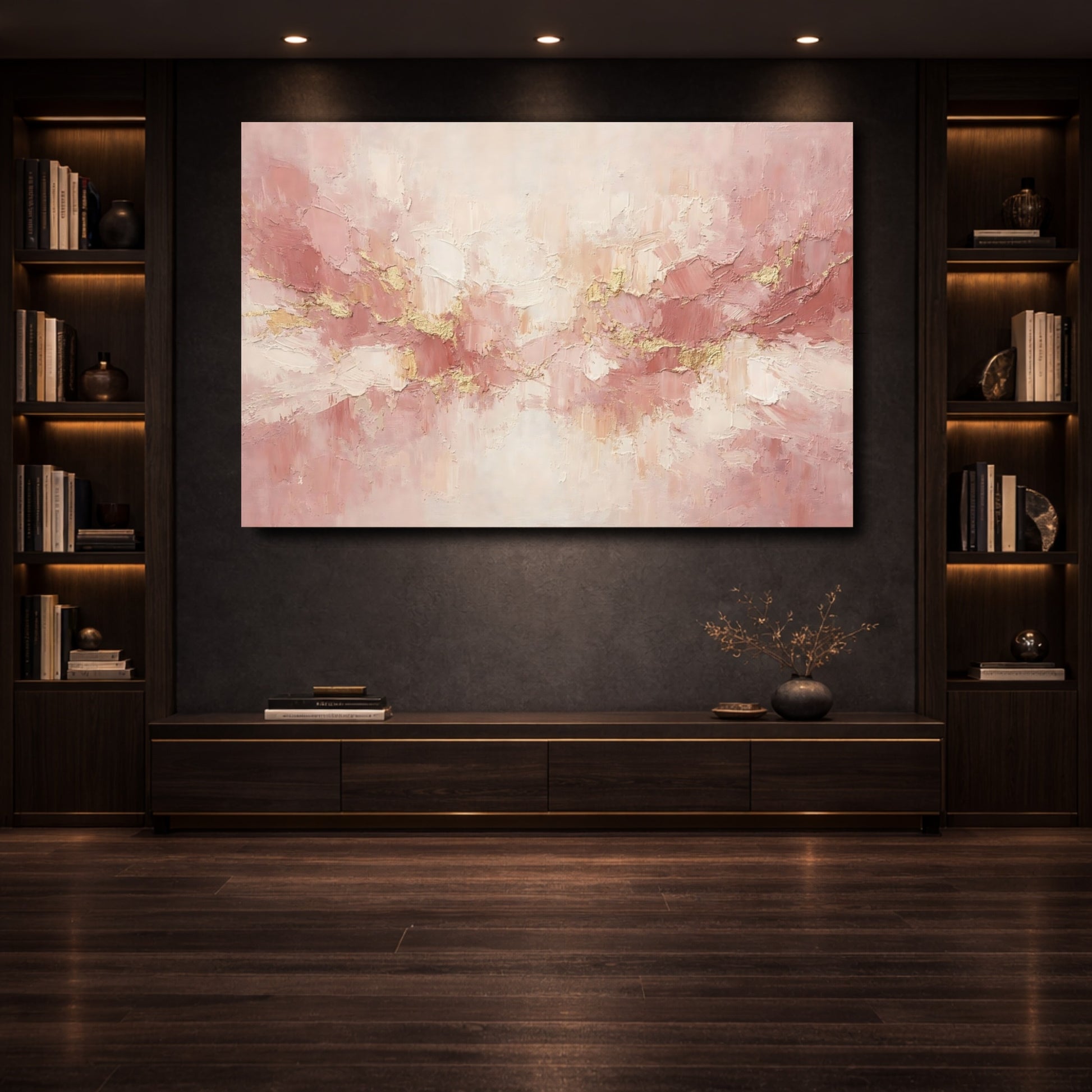Mockup 3. Abstract Textured Strokes Pink Gold Abstract shown as stretched canvas wall art