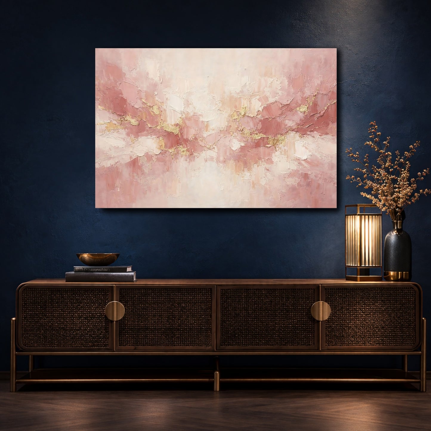 Mockup 4. Abstract Textured Strokes Pink Gold Abstract shown as stretched canvas wall art