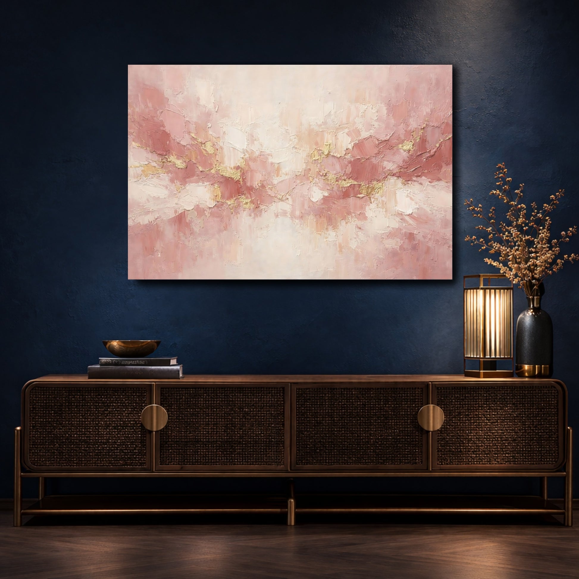 Mockup 4. Abstract Textured Strokes Pink Gold Abstract shown as stretched canvas wall art