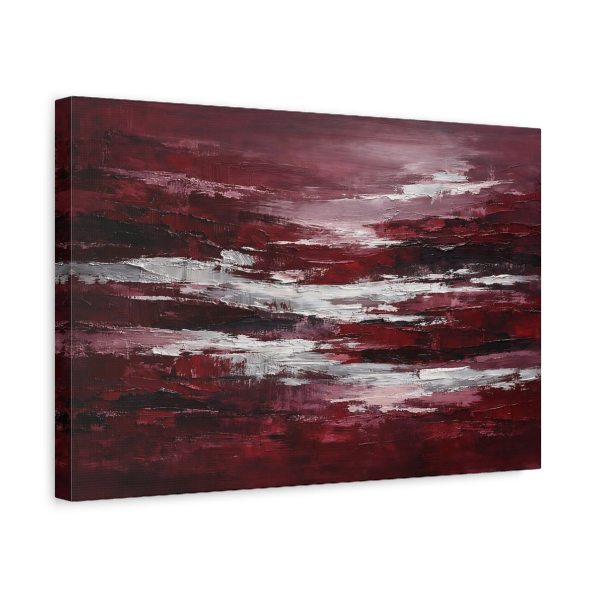 Side Mockup 4. Abstract Abstract Strokes Red And White Abstract shown as stretched canvas wall art