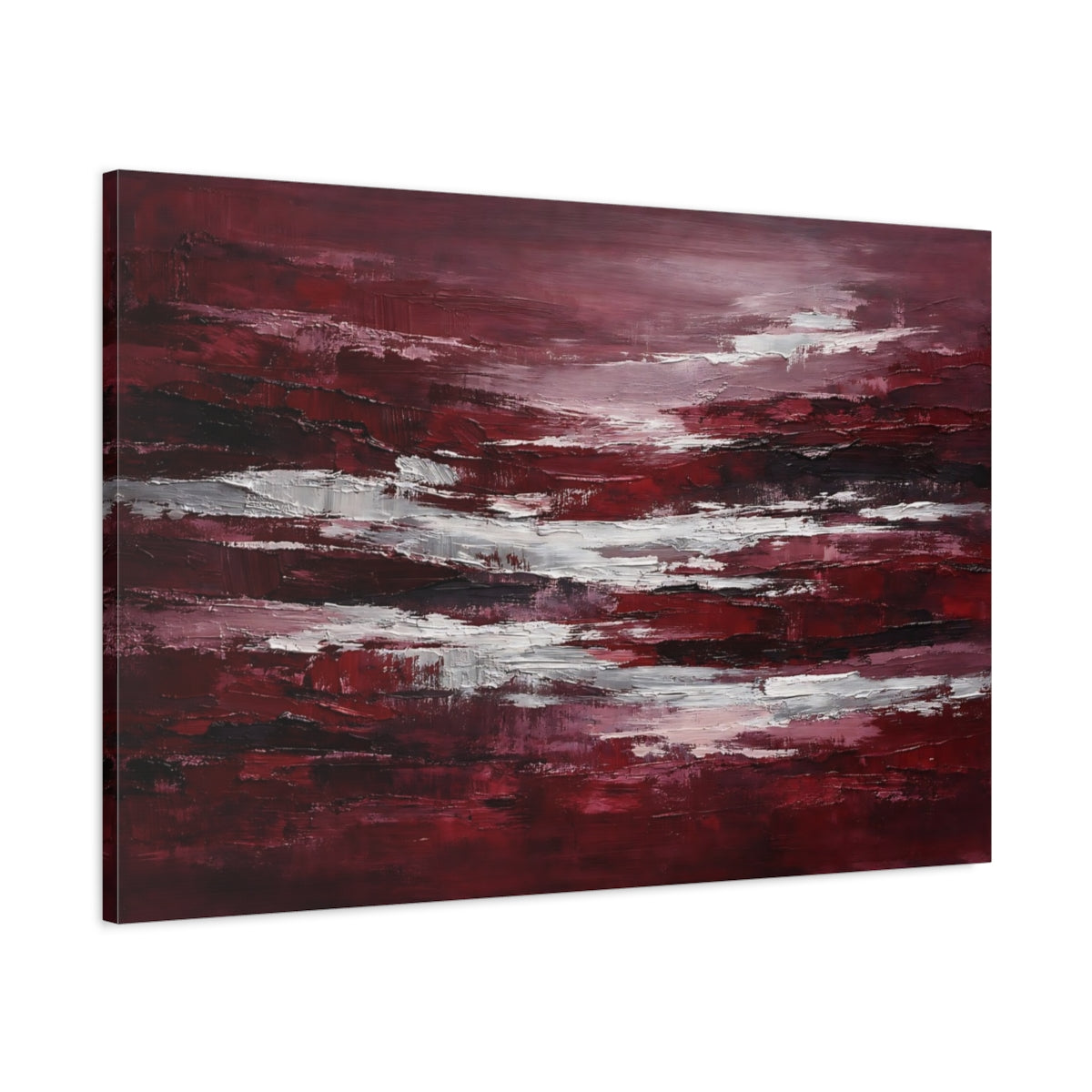 Side Mockup 1. Abstract Abstract Strokes Red And White Abstract shown as stretched canvas wall art