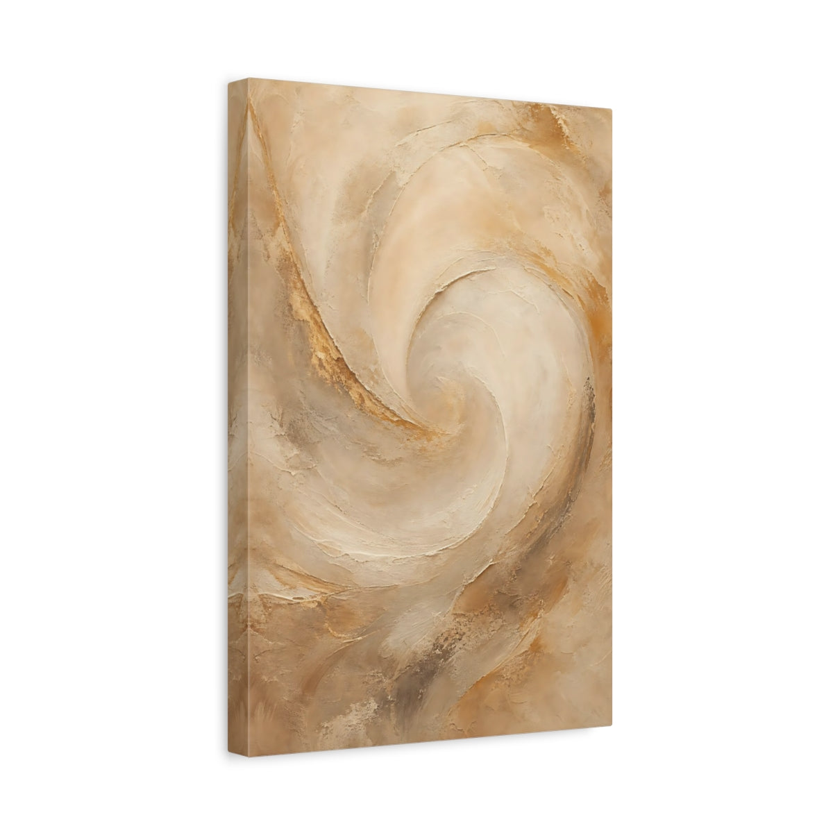 Side Mockup 4. Abstract Textured Swirl Beige Brown shown as stretched canvas wall art