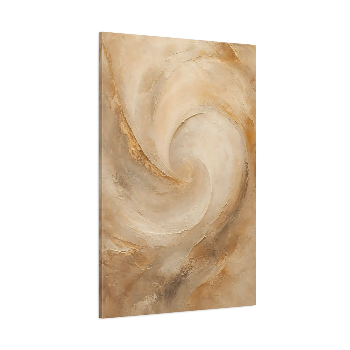 Side Mockup 1. Abstract Textured Swirl Beige Brown shown as stretched canvas wall art