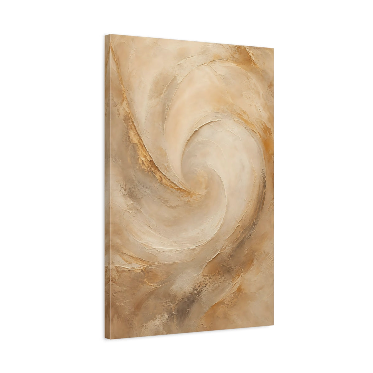 Side Mockup 2. Abstract Textured Swirl Beige Brown shown as stretched canvas wall art