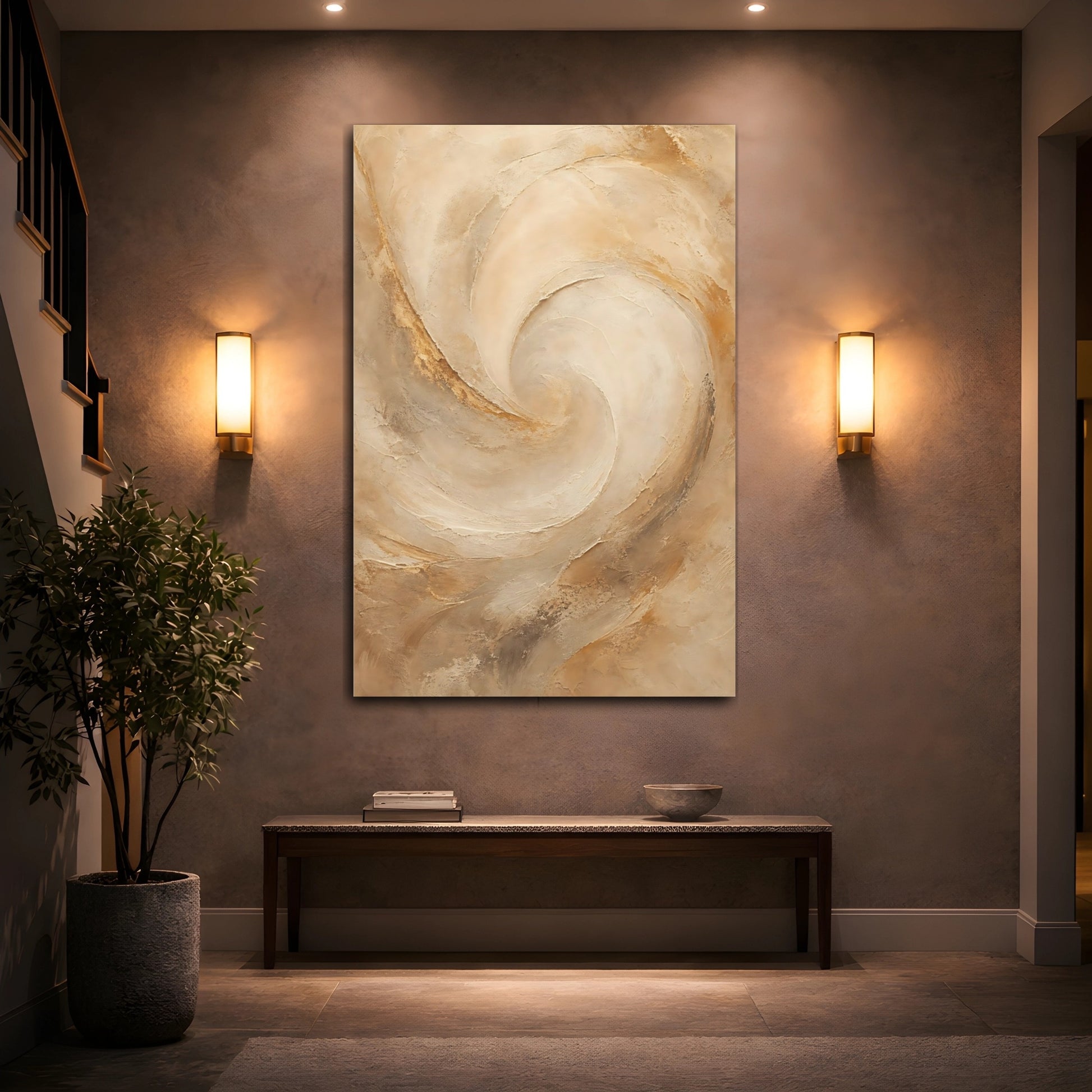 Mockup 2. Abstract Textured Swirl Beige Brown shown as stretched canvas wall art