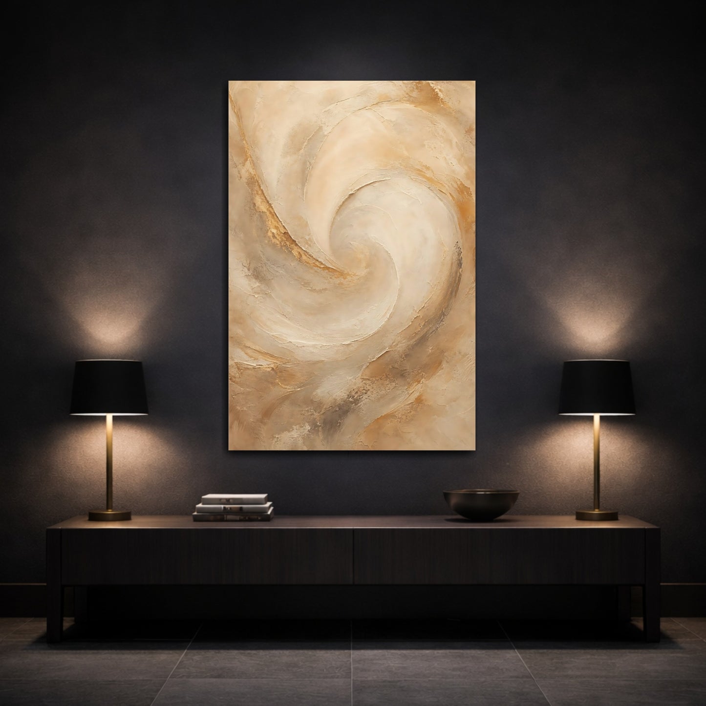 Mockup 3. Abstract Textured Swirl Beige Brown shown as stretched canvas wall art