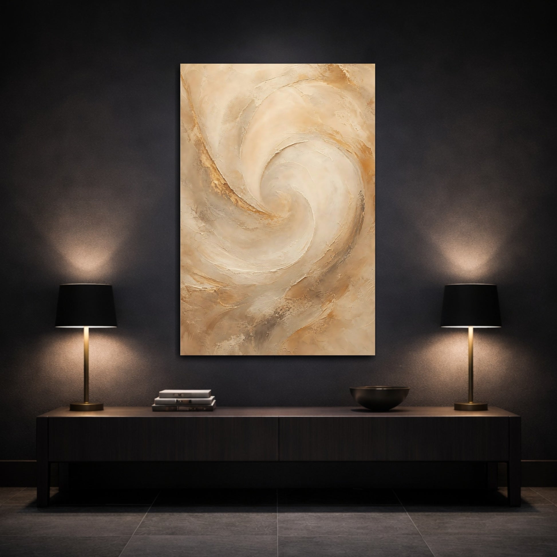 Mockup 3. Abstract Textured Swirl Beige Brown shown as stretched canvas wall art