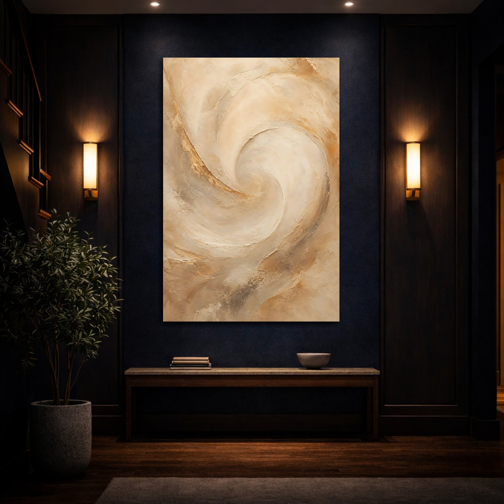 Mockup 4. Abstract Textured Swirl Beige Brown shown as stretched canvas wall art