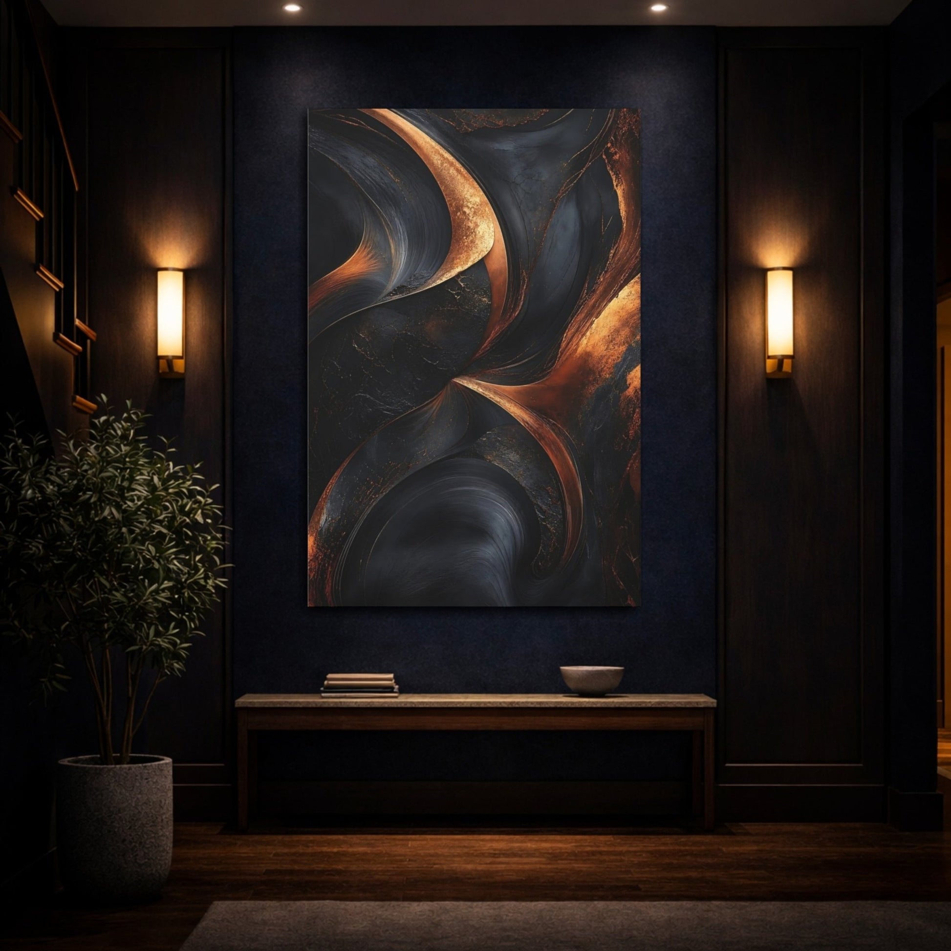 Abstract Textured Swirls Black And Copper Canvas Print – Modern Living Room, Large Wall - YesArtYes