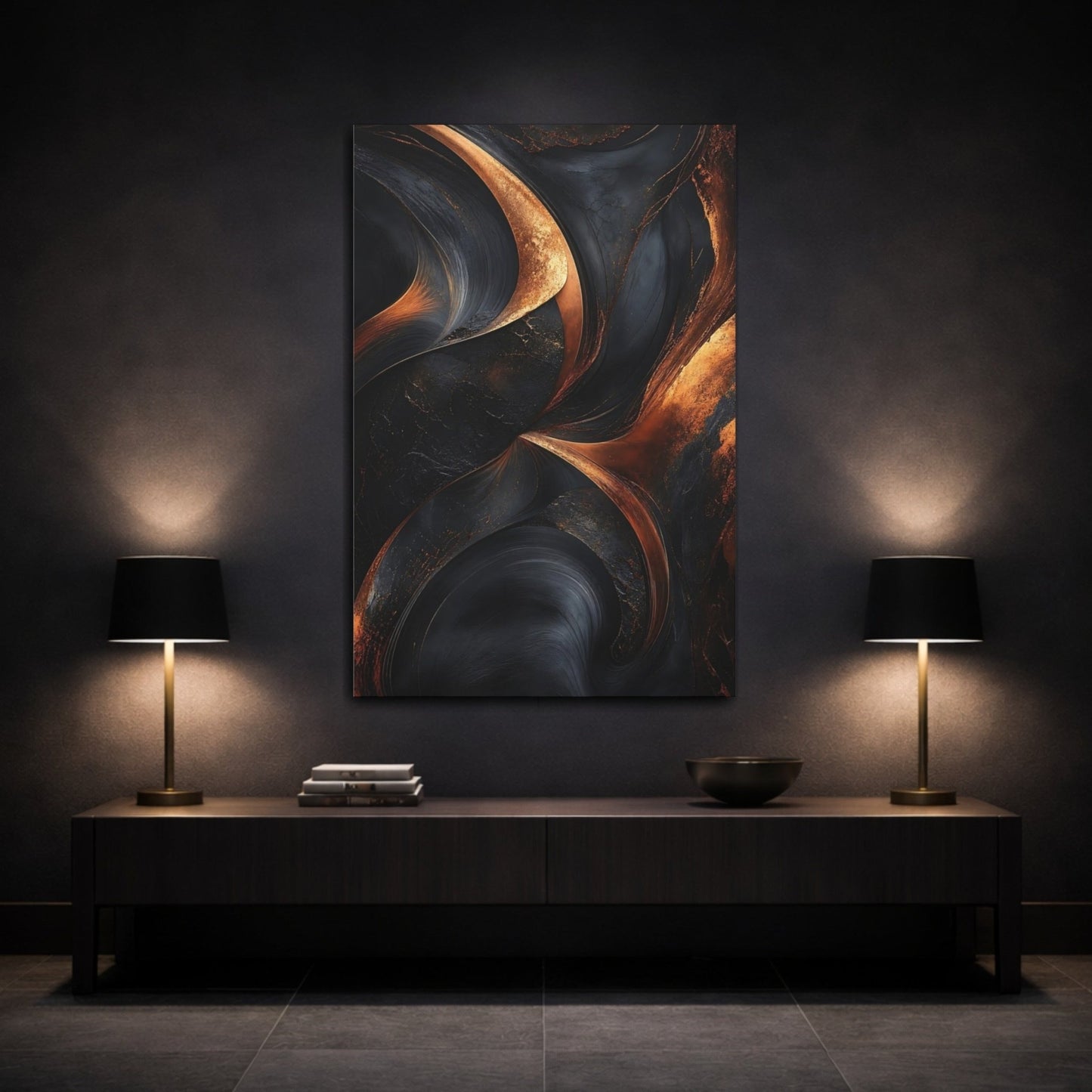 Abstract Textured Swirls Black And Copper Canvas Print – Modern Living Room, Large Wall - YesArtYes