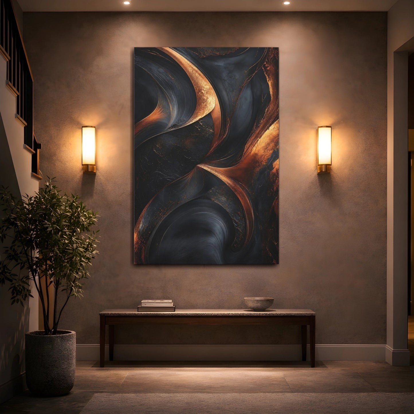 Abstract Textured Swirls Black And Copper Canvas Print – Modern Living Room, Large Wall - YesArtYes