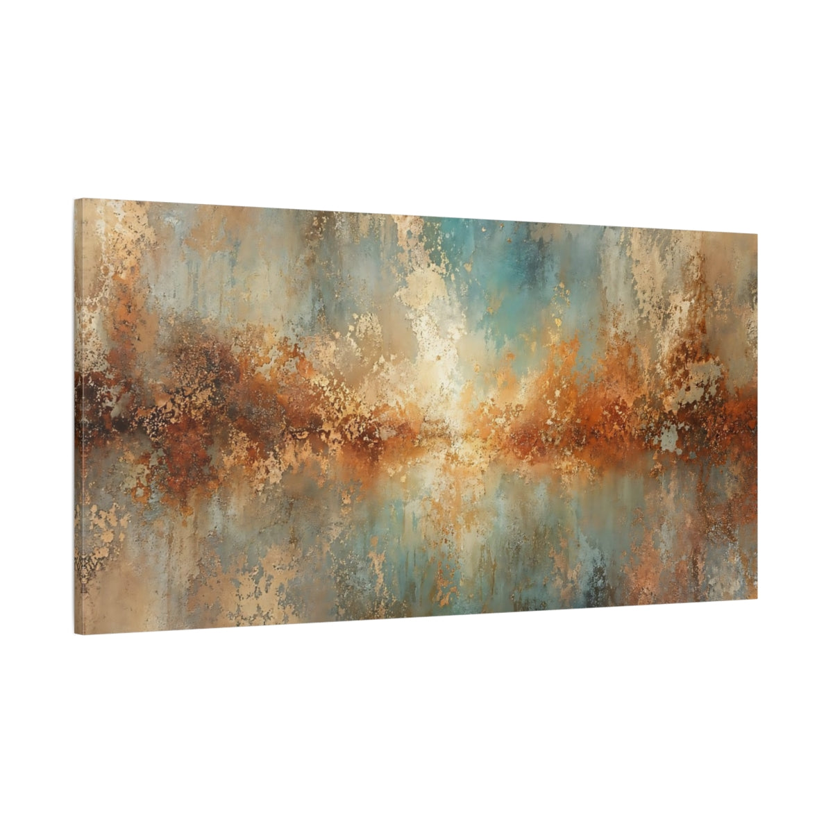 Side Mockup 2. Abstract Textured Abstract Teal Copper Abstract shown as stretched canvas wall art