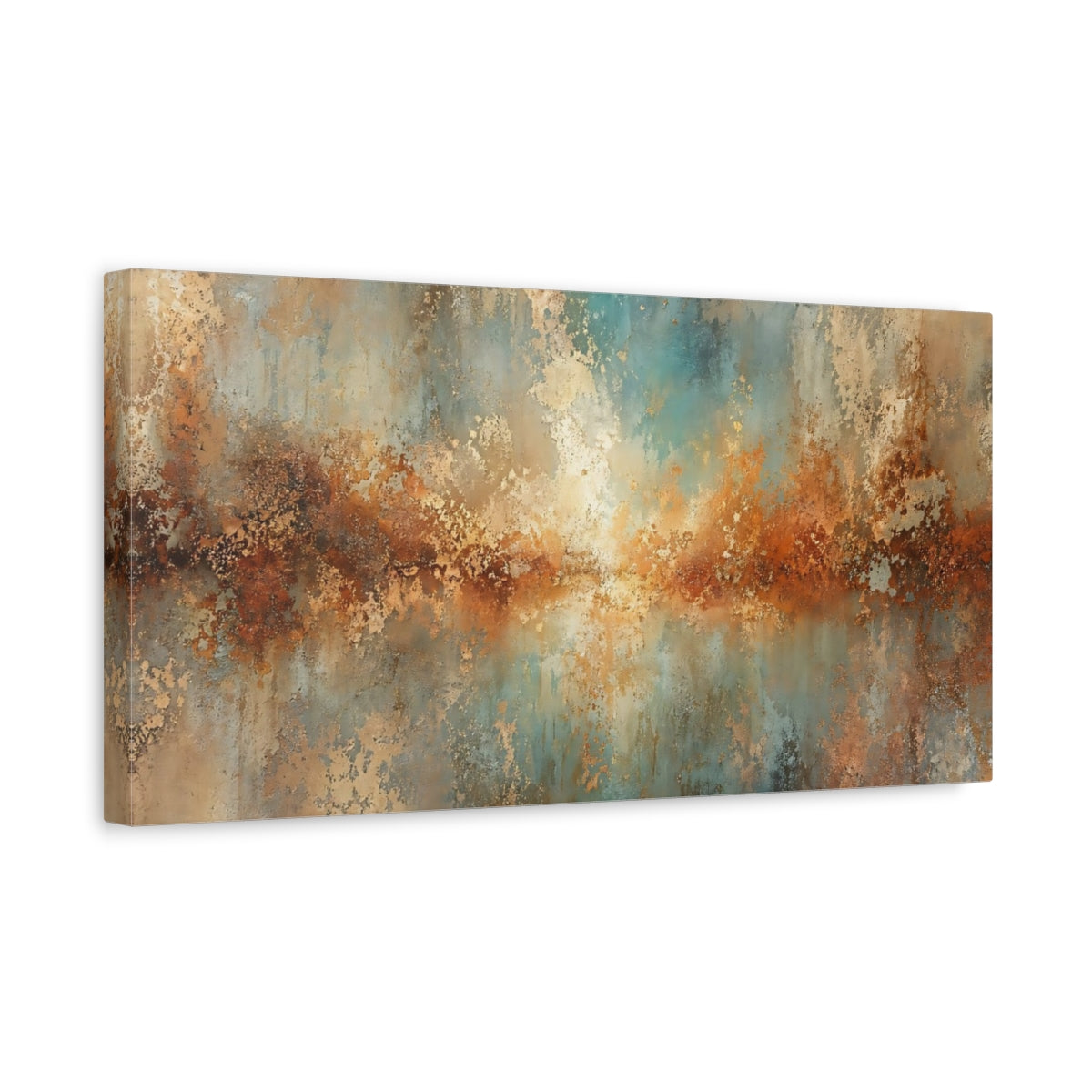 Side Mockup 3. Abstract Textured Abstract Teal Copper Abstract shown as stretched canvas wall art