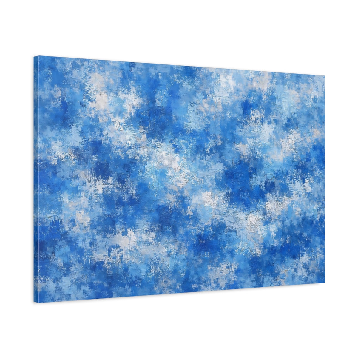 Side Mockup 1. Abstract Abstract Texture Blue And White shown as stretched canvas wall art