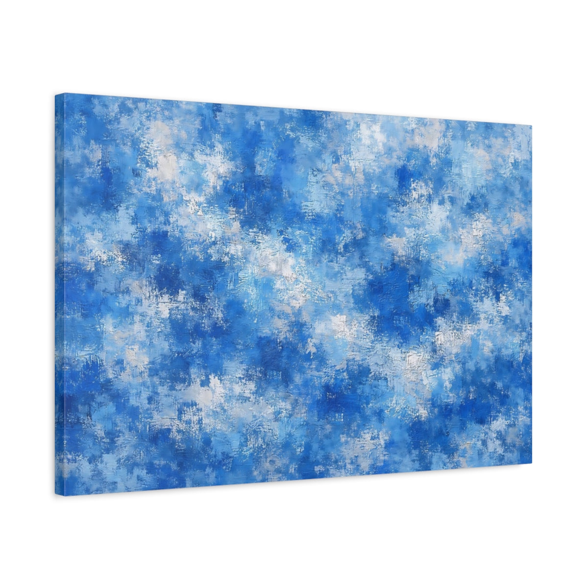 Side Mockup 2. Abstract Abstract Texture Blue And White shown as stretched canvas wall art