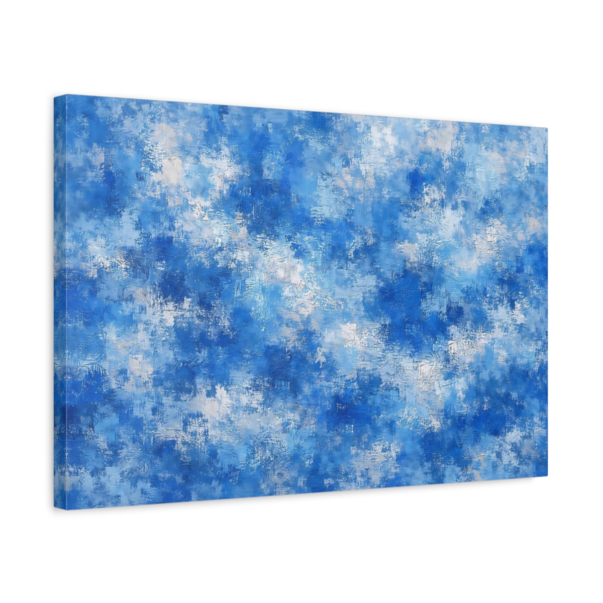 Side Mockup 3. Abstract Abstract Texture Blue And White shown as stretched canvas wall art